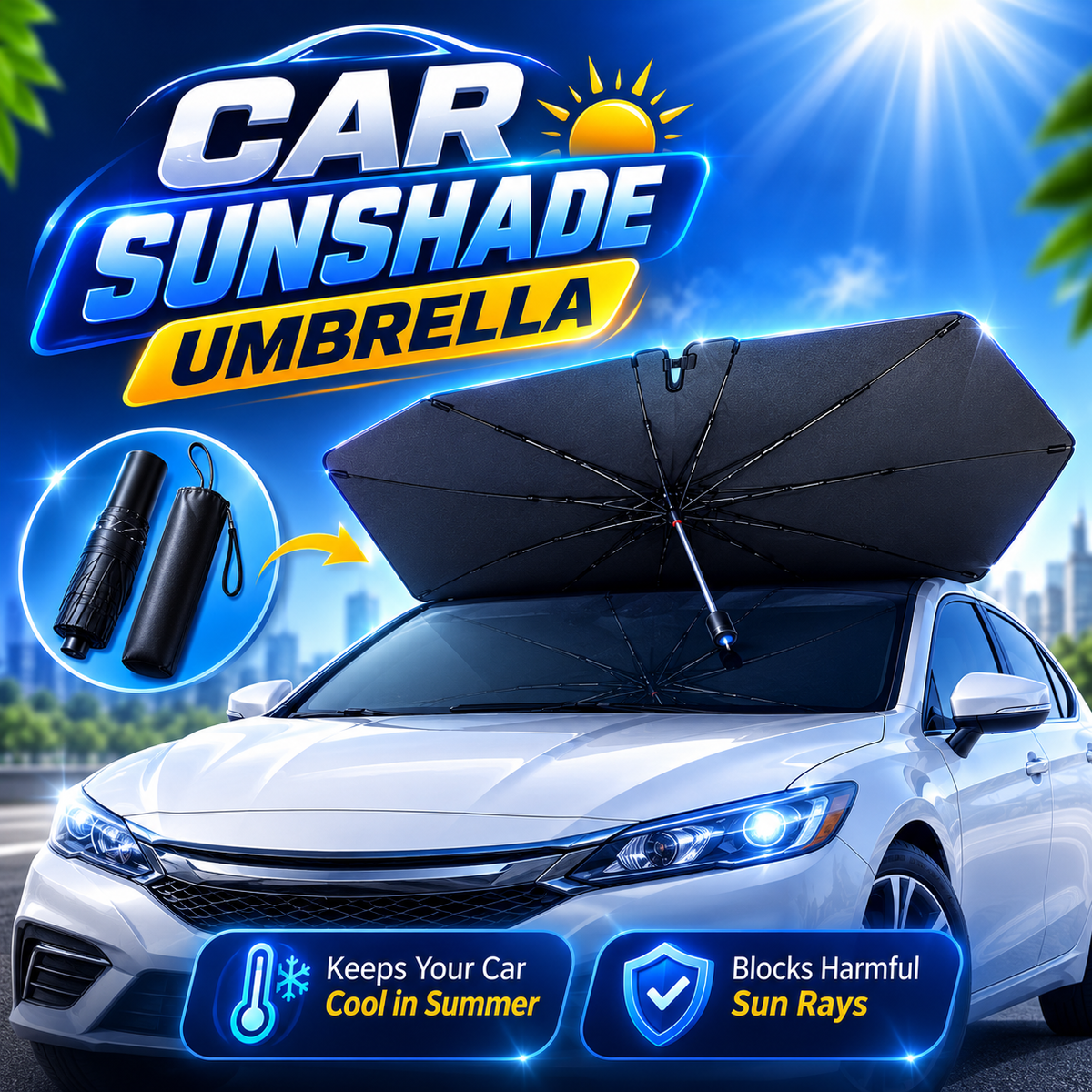 Premium Car Windshield Sun Shade Umbrella – Foldable Auto Front Window UV Reflector Blockout Shield