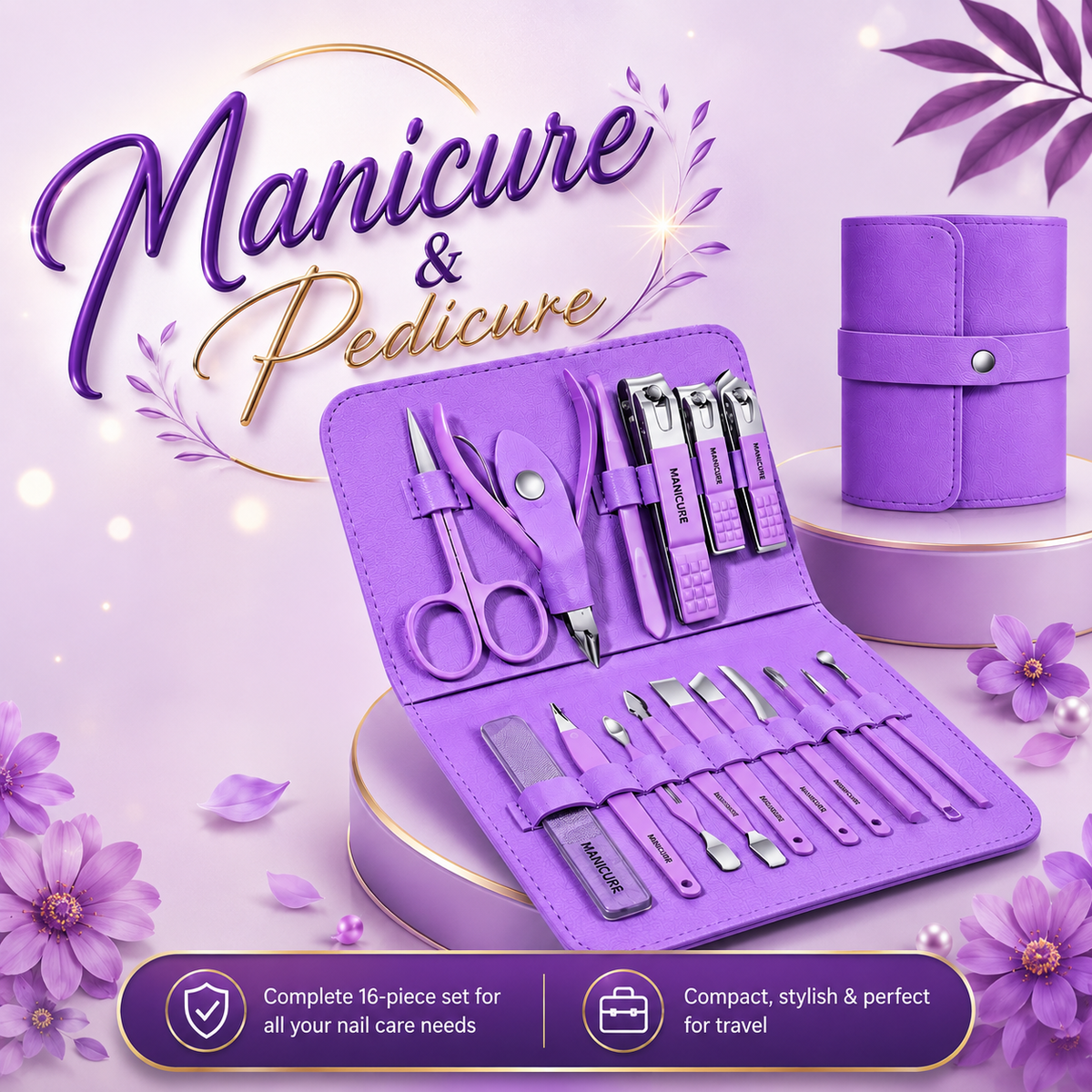16-Piece Premium Personal Manicure & Pedicure Grooming Kit – Professional Stainless Steel Nail Clippers & Care Set with Travel Case