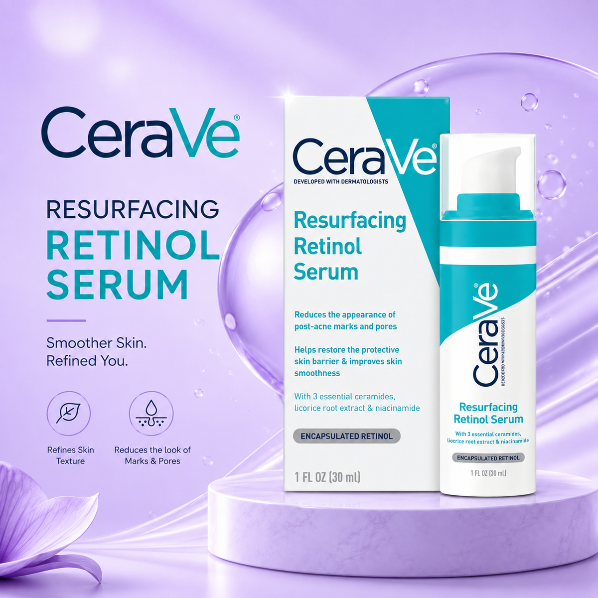 CeraVe Resurfacing Retinol Serum For Post Acne Marks, Formulated With Licorice Root Extract & Niacinamide, Brightening Serum & Pore Minimizer For Face, Post Acne Skin Barrier Repair, Non-Comedogenic - 30ml